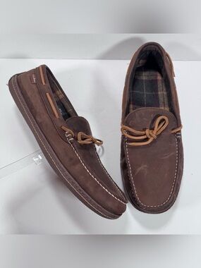 L.L. Bean Handsewn Dark Brown Leather Flannel Lined Slippers Men Size 13 Medium